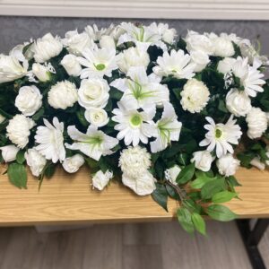 all white silk coffin spray