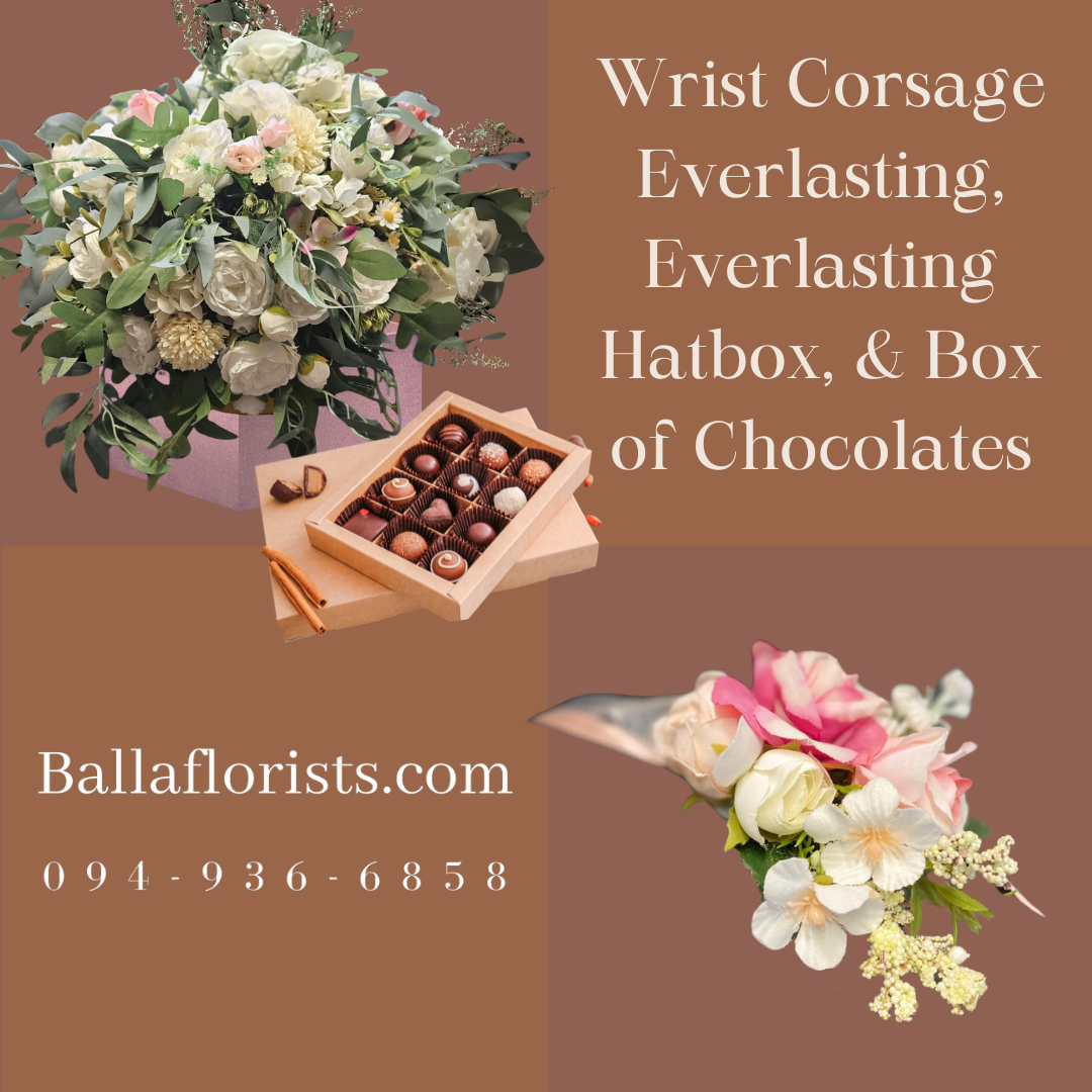 Wrist Corsage Everlasting, Everlasting Hatbox, and Box of Chocolates