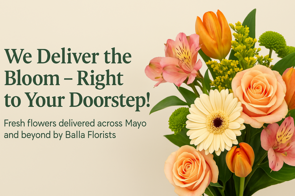Fresh bouquet of orange and peach flowers with the text "We Deliver the Bloom – Right to Your Doorstep!" on a soft floral background, promoting flower delivery from Balla Florists.
