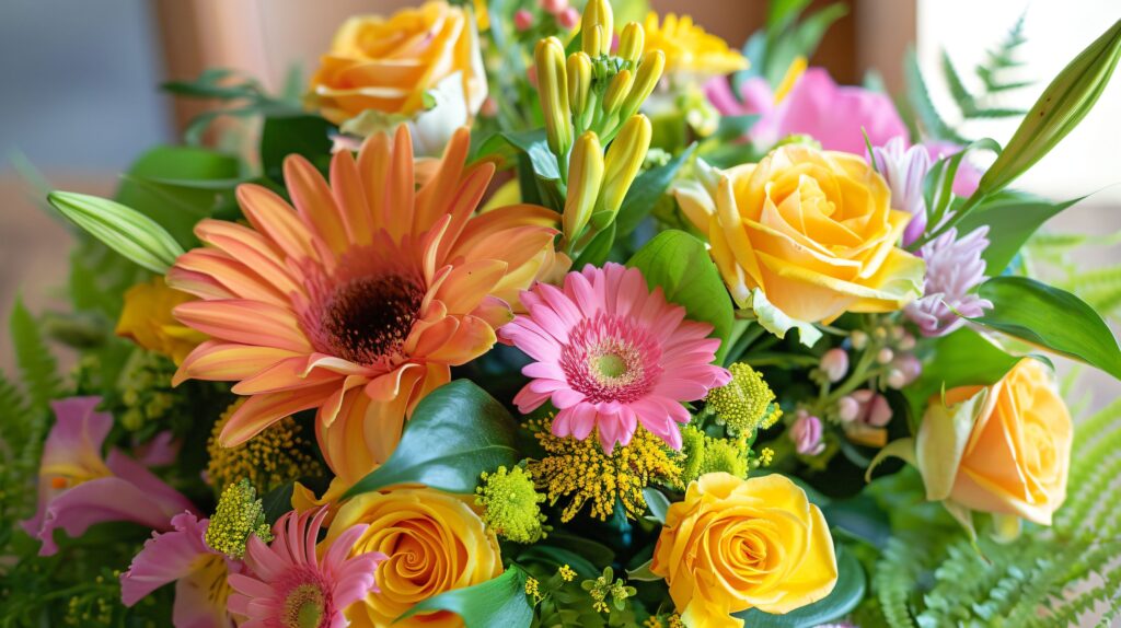 Close-up of bright orange, yellow and pink flowers.