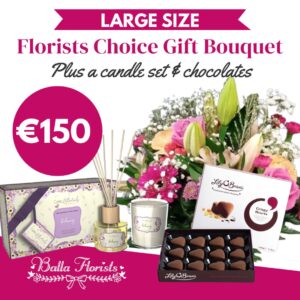 €150 Florist Choice Gift Bouquet with candles and chocolates poster.